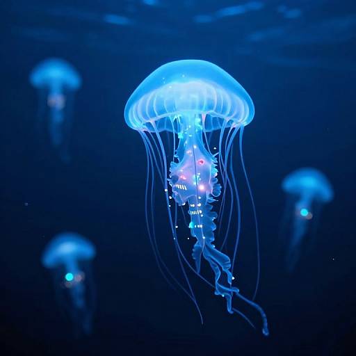 Photograph of glowing blue jellyfish with translucent bell and long, flowing tentacles in a dark, underwater blue-lit environment.