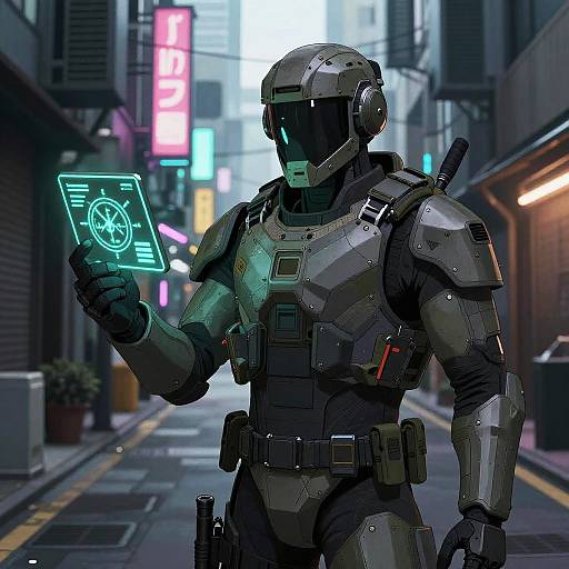 Cybernetic Bounty Tracker in Neon Slum