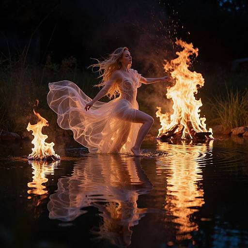 Photograph of a blonde woman dancing in fiery flames, wearing a translucent white dress, knee-deep in a reflective water pool at night.