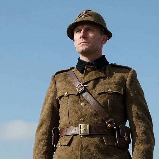 Photograph of a stern-looking white male soldier in a brown World War I-era military uniform and helmet, against a clear blue sky.