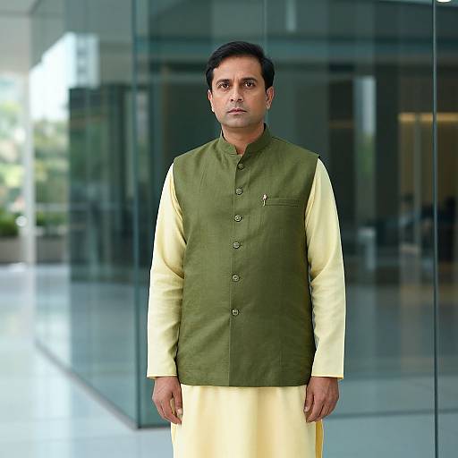 Photograph of a middle-aged South Asian man with short black hair, wearing a green and yellow traditional sherwani, standing in front of a modern