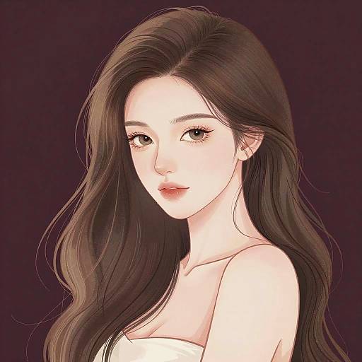 Digital anime-style portrait of a beautiful young woman with long, wavy brown hair, fair skin, and soft brown eyes, wearing a strapless white