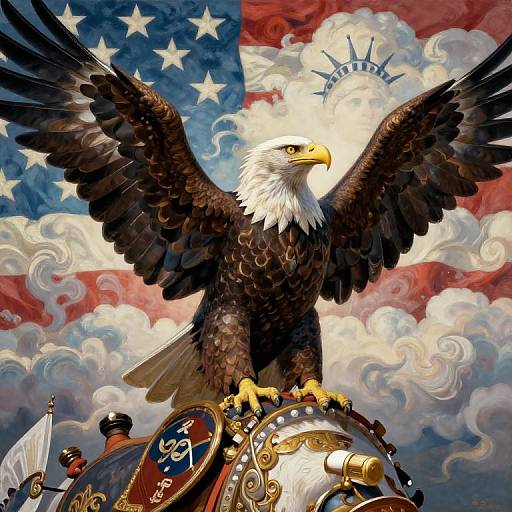 Digital artwork of a majestic bald eagle with wings spread, perched on an ornate drum, against a colorful American flag background.