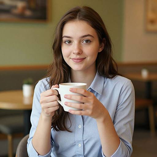 Young woman with long brown hair, light blue shirt, holding white mug, smiling gently, seated in cozy café with blurred background. Photographic image.
