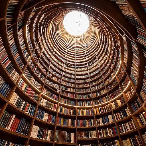 Photograph of a circular, multi-tiered library with spiral bookshelves, illuminated by a bright, central light from above.