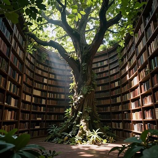 Photograph of a grand library with towering, sunlit tree in center, surrounded by circular shelves of books, dappled light filtering through leaves.