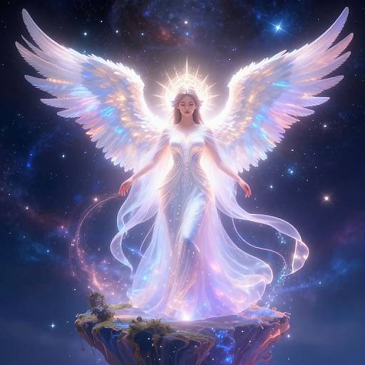 Digital artwork of a radiant, white-winged angel with glowing halo, ethereal dress, standing on a floating rock in a starry cosmos.