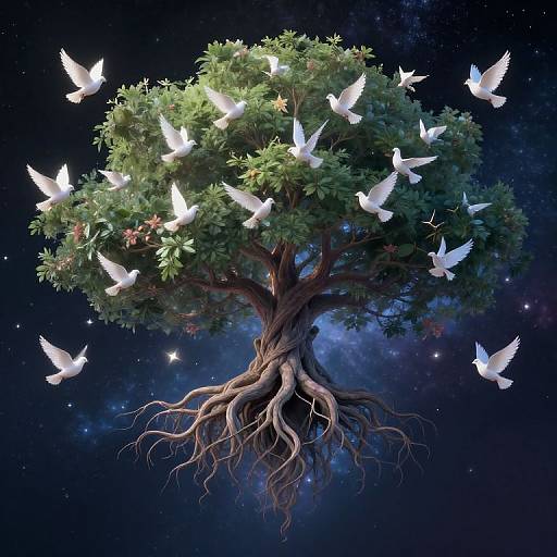Digital artwork of a tree with lush green foliage, white doves flying around, and exposed roots against a starry night sky.