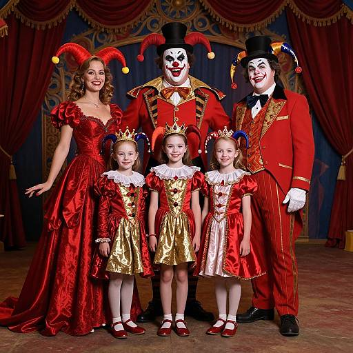 Photograph of a family in circus clown attire: two adults, two older girls, one younger girl, standing on stage with red curtains. Adults wear