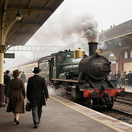 Vintage Train Station Bustling with Travelers
