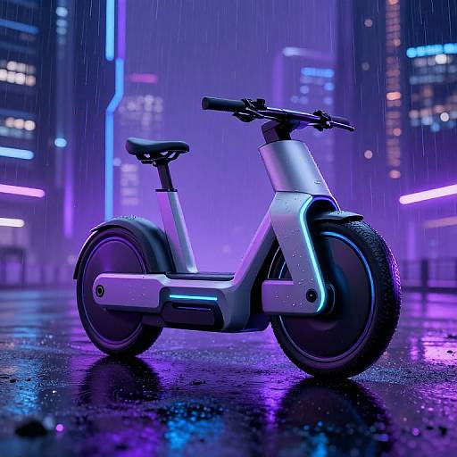 Digital CGI of a futuristic electric scooter with neon blue lights, standing in a rainy urban cityscape at night. Buildings with neon signs in the background.