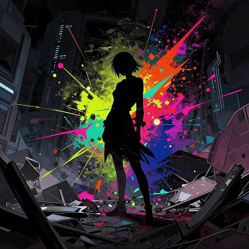 Silhouetted girl in a ruined, neon-splattered, cyberpunk city, standing amidst broken debris. Vibrant yellow, pink, and