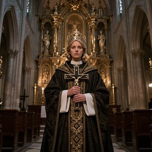 Photograph of a young blonde woman in ornate black and gold ecclesiastical robes, holding a cross, crowned, standing in a grand,