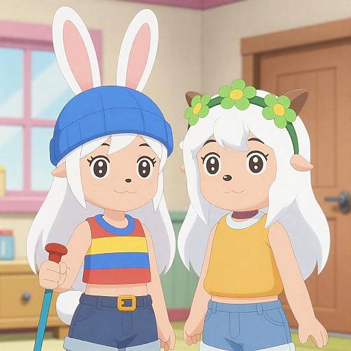 White-Haired Bunny and Cat Duo