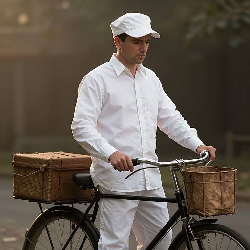Photograph of a man in white attire and cap, riding a black bicycle with wicker baskets, walking on a street.