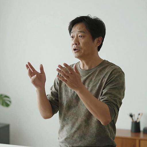 Photograph of an Asian man with short black hair, wearing a gray sweater, gesturing with both hands in a brightly lit room.