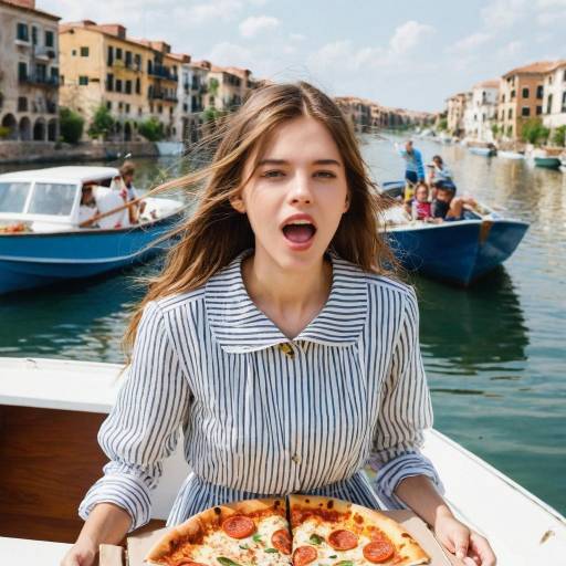 Woman Eating Pepperoni Pizza on Boat