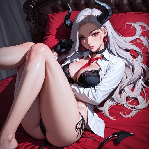 Alluring Demon Girl in Luxurious Bedroom