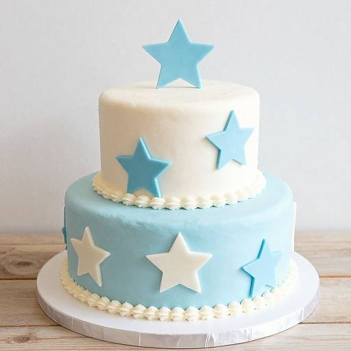 Photograph of a two-tiered, blue and white star-decorated cake with piped white icing borders and large star toppers.