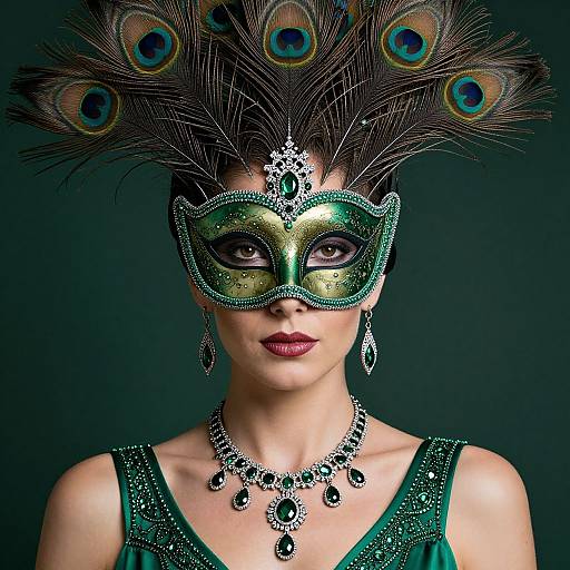 Photograph of a woman with green and gold masquerade mask, peacock feather headdress, dark lipstick, silver earrings, and necklace, against