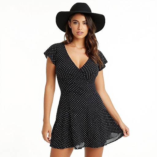 Photograph of a young woman with long brown hair, wearing a black polka dot dress, V-neck, short sleeves, and a wide-brim
