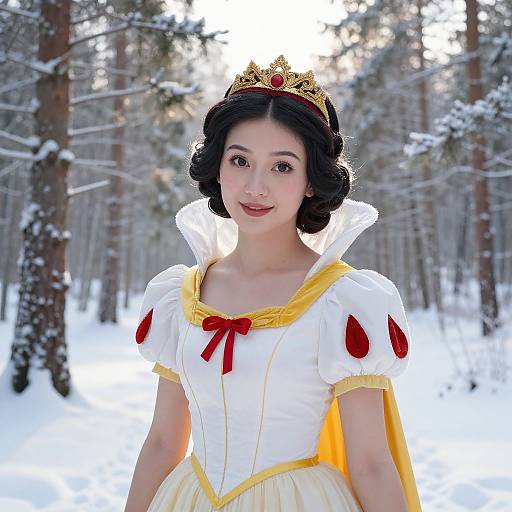 Photograph of an Asian woman with fair skin, black hair, and red lips, dressed as Snow White in a white, yellow-trimmed dress