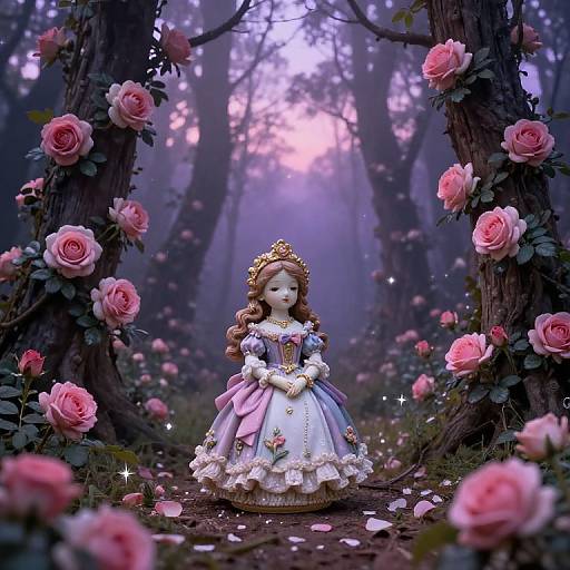 Photograph of a detailed porcelain doll in an elaborate pink and white dress, crowned with a golden tiara, standing amidst a mystical forest of pink roses