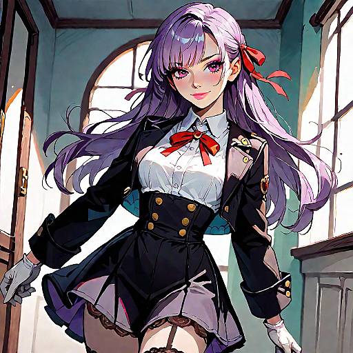 Anime Girl with Purple Hair and Black High-Waist Skirt