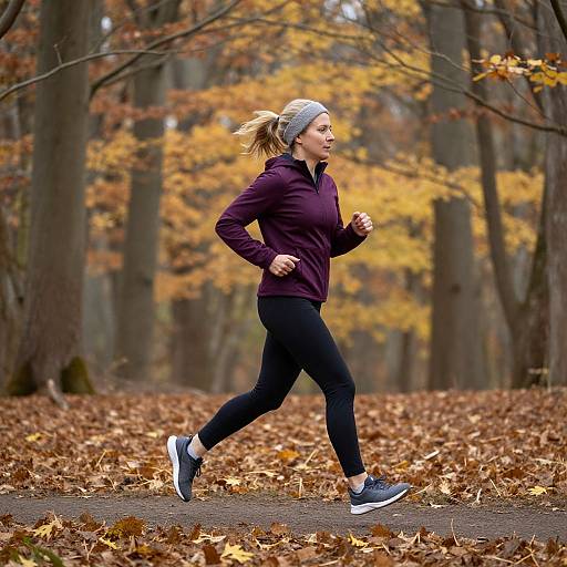 Mature Woman Running in Autumn Woods