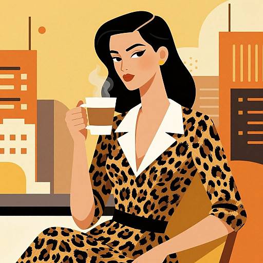 Digital illustration of a confident woman with black hair, wearing a leopard print dress, sipping coffee in a vibrant, orange cityscape.
