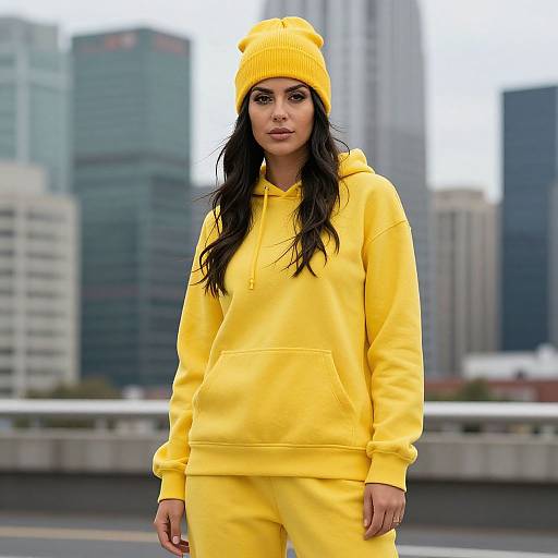 Photograph of a young woman with long black hair wearing a bright yellow beanie, hoodie, and pants, standing in front of a cityscape with
