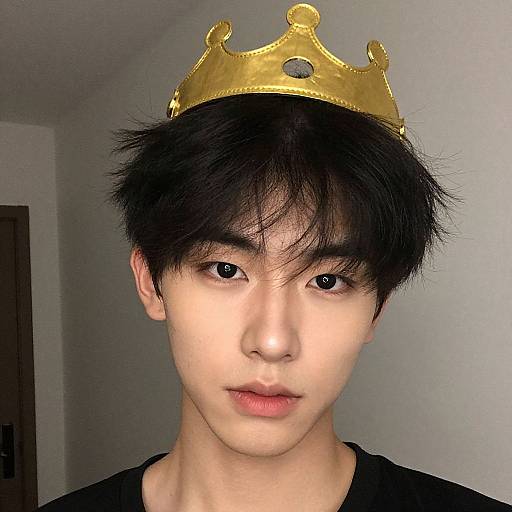 Photograph of an Asian young man with black hair, wearing a golden crown and black shirt, against a plain gray wall.