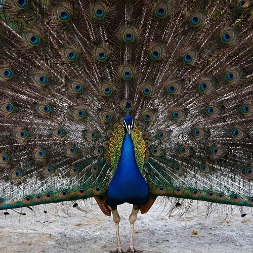 Photograph of a vibrant male peacock with a striking blue neck, green and gold feathers, and an expansive, detailed fan of iridescent eyes