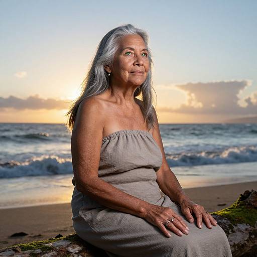 Photograph of an elderly woman with long silver hair, wearing a strapless gray dress, sitting on a rock by a beach at sunset, with ocean