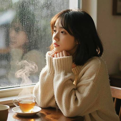 Cozy Girl with Tea by Rainy Window