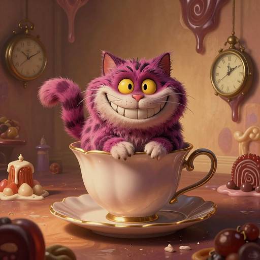 Whimsical CGI cat with bright yellow eyes and wide grin, sitting in a gold-rimmed teacup, surrounded by melted candles and clocks