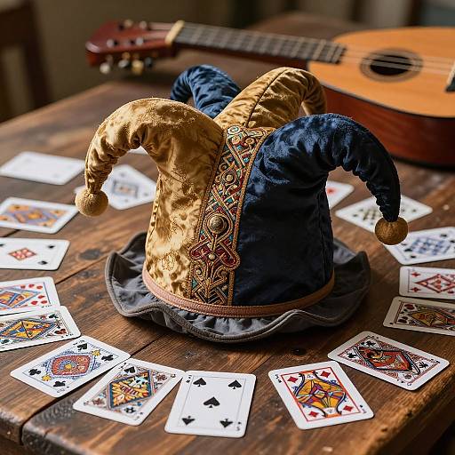Photograph of a gold and blue velvet jester hat with intricate embroidery, surrounded by scattered playing cards on a wooden table, with a guitar in the