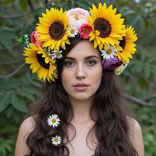 Photograph of a young woman with long, wavy brown hair, wearing a vibrant sunflower and flower crown, surrounded by green foliage. She has