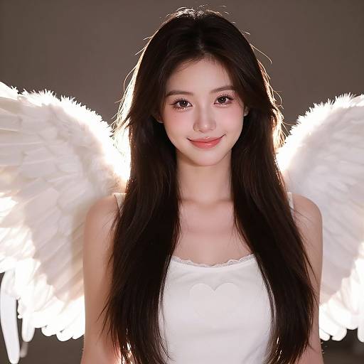 Photograph of an Asian woman with long black hair, white angel wings, and a white tank top, smiling softly against a dark background.