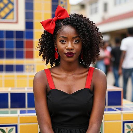 Photograph of a dark-skinned woman with curly black hair, wearing a red bow, red straps, black dress, red earrings, standing in front
