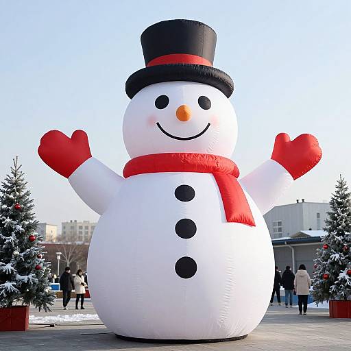 Photograph of a large, inflatable snowman with black top hat, red scarf, and mittens, standing outdoors near decorated trees and people.