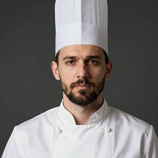 Photograph of a serious male chef with a beard, wearing a white chef's hat and uniform, against a dark gray background.