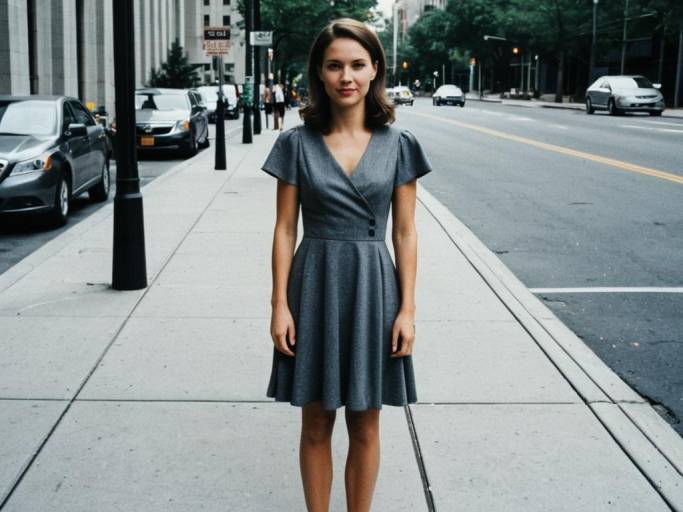 Woman in Gray Semi-Formal Dress on Sidewalk