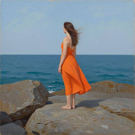 Photograph of a young woman with long brown hair in an orange dress standing barefoot on rocky coastline, facing the blue ocean under a clear sky.