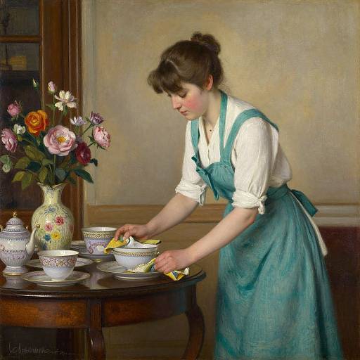 A realistic painting of a fair-skinned woman with brown hair in a teal apron and white blouse, setting a table with floral china and a vase
