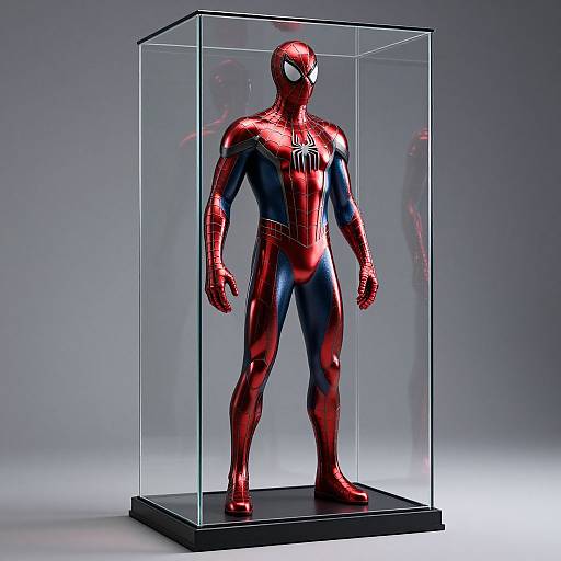 Photorealistic CGI of Spider-Man in a shiny red and blue suit, standing in a clear glass display case with a black base.