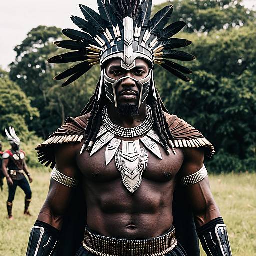 Photograph of a muscular, dark-skinned African man in intricate black and white tribal headdress, armor, and jewelry, standing in a grassy