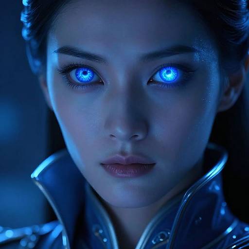 Close-up photograph of an Asian woman with glowing blue eyes, wearing a futuristic, high-collared metallic jacket, illuminated by blue light.