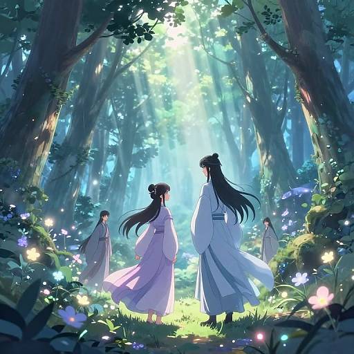 Anime-style digital illustration of five people in white robes, standing in a sunlit, enchanted forest filled with glowing flowers and soft blue light.