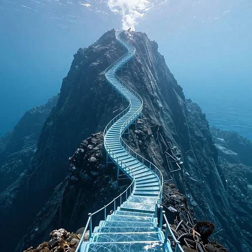Photograph of a winding, blue metal staircase ascending a towering, rocky peak underwater, with sunlight filtering through the clear blue water.